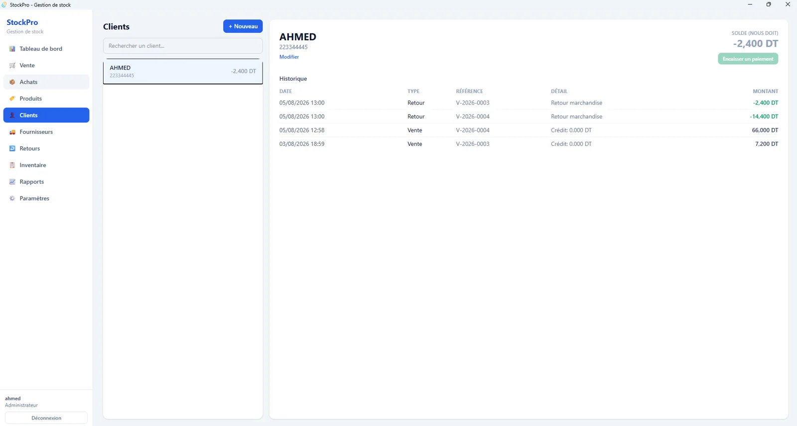 Fiche client Stock Pro avec solde et historique des opérations