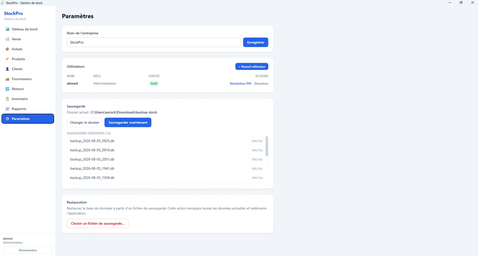 Paramètres Stock Pro : utilisateurs, sauvegardes et restauration