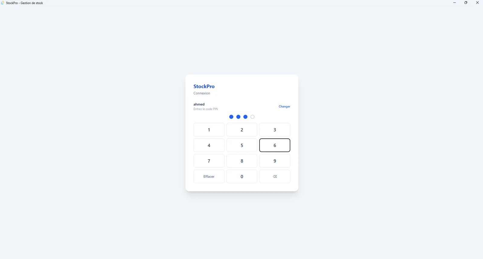 Écran de connexion Stock Pro par code PIN