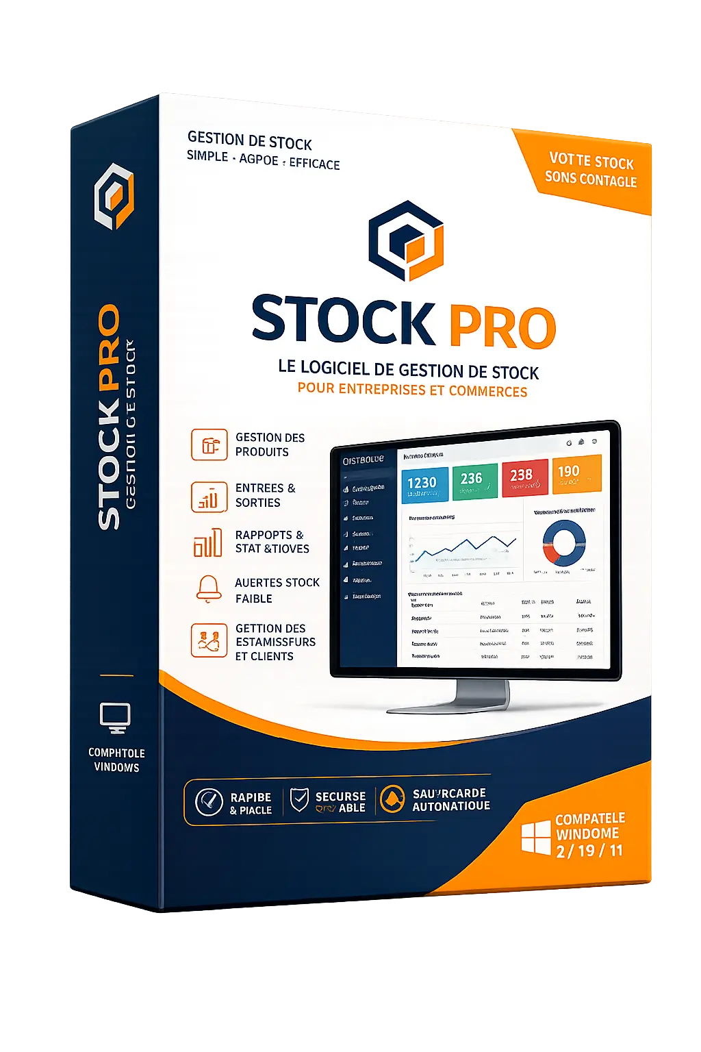 Boîte du logiciel Stock Pro avec clé USB, compatible Windows 7, 10 et 11